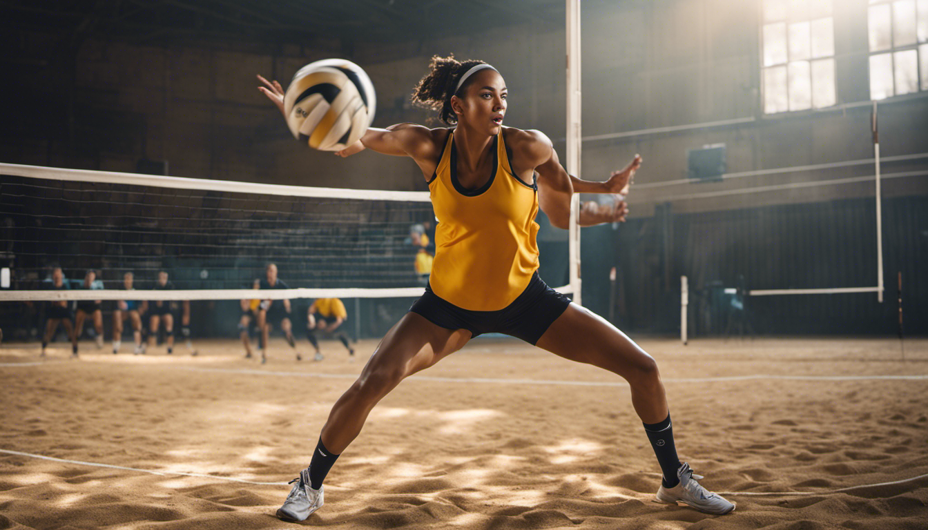 An image depicting a volleyball player performing a plyometric exercise, exploding off the ground with arms extended, while a coach watches, emphasizing proper knee bend, arm swing, and explosive jump technique