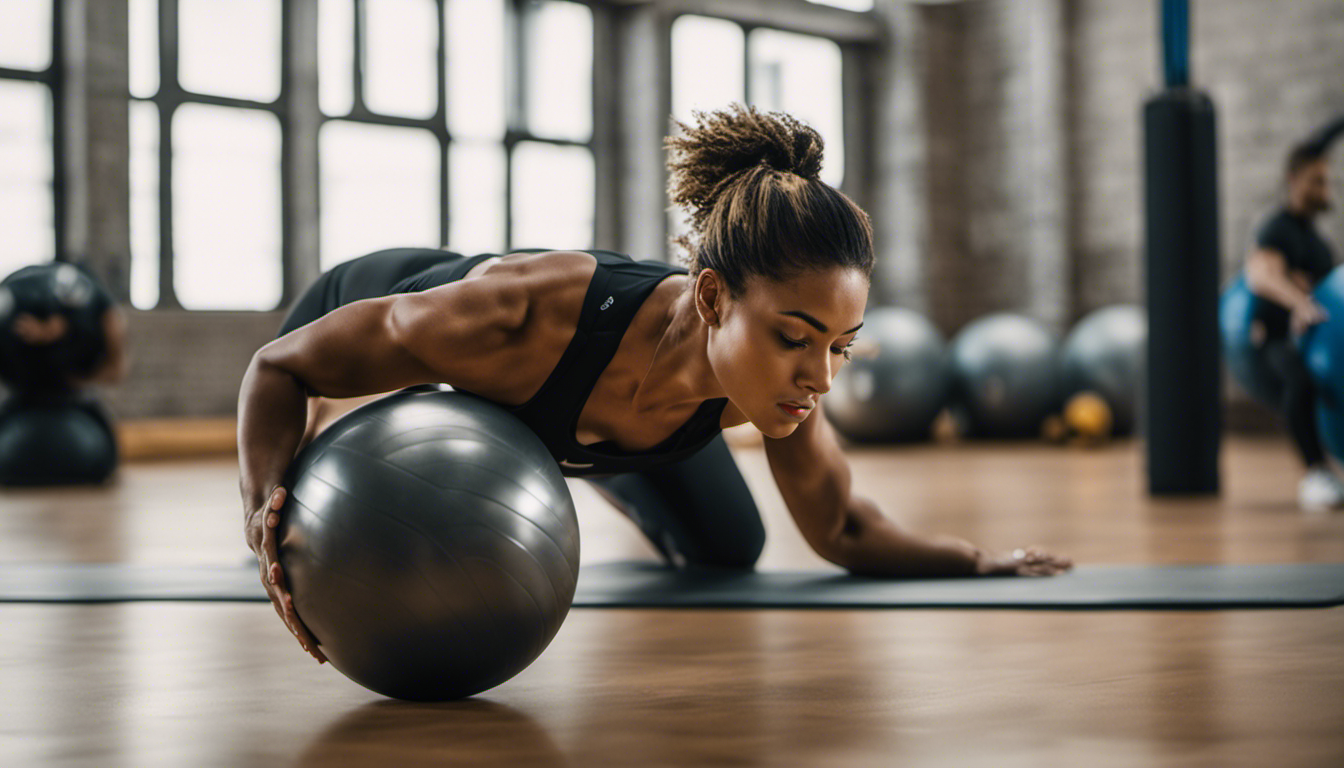 An image showcasing a volleyball player executing a plank exercise on a stability ball, with their core engaged and body aligned