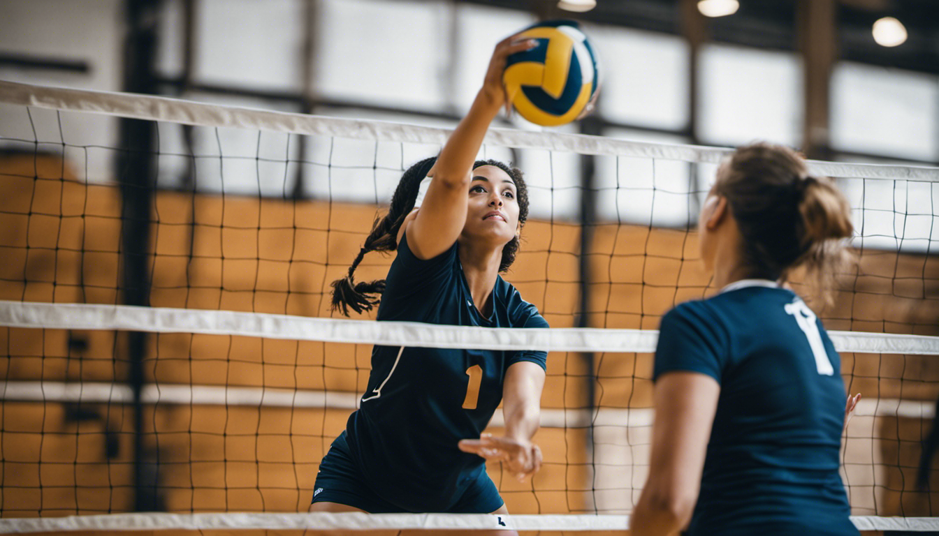 An image of a skilled volleyball coach demonstrating proper technique to a focused player, as they both engage in a drill