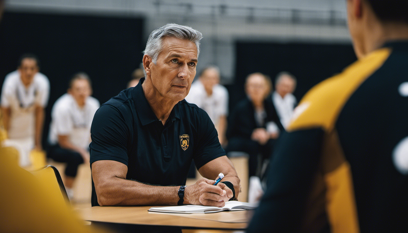 An image capturing a volleyball coach attending a coaching conference, surrounded by other coaches, notebooks and pens in hand