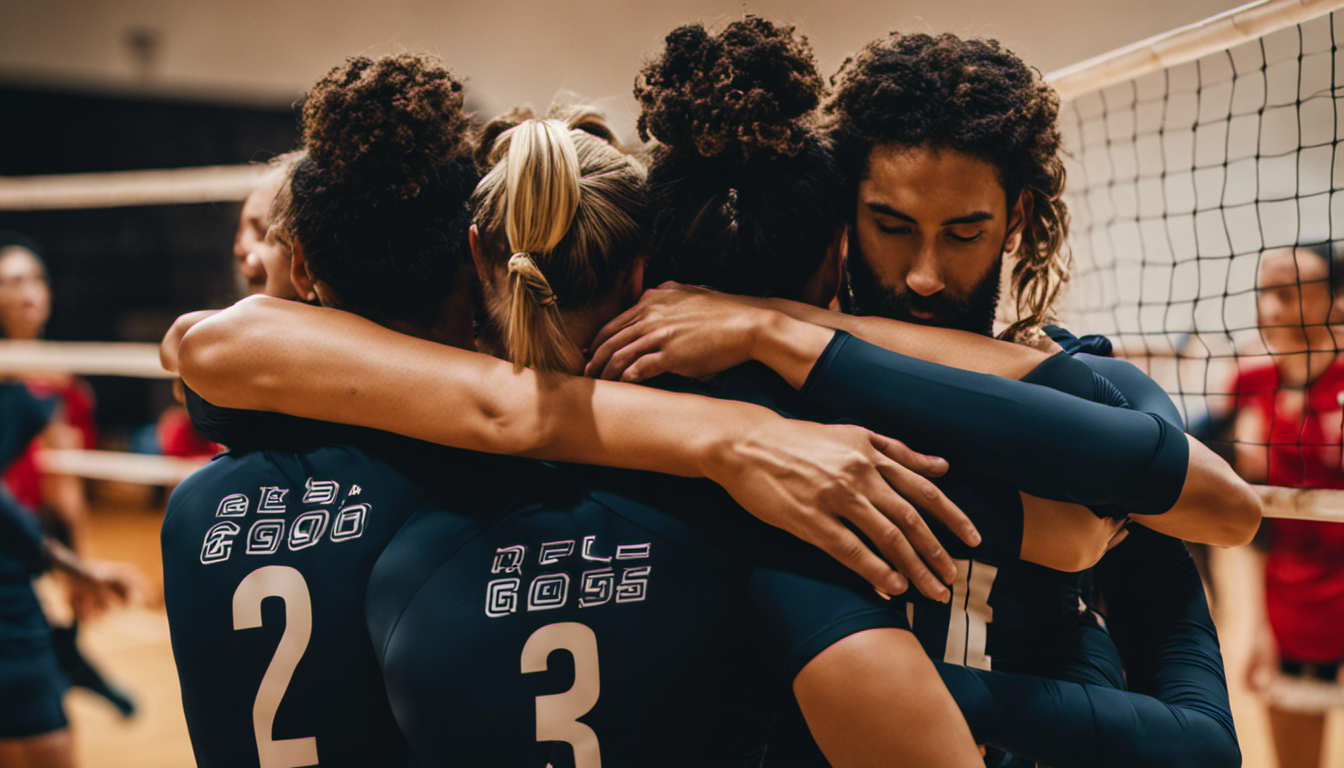 An image capturing the essence of team dynamics in volleyball coaching: A group of players huddled closely, arms around each other, their focus united towards a shared goal, eyes shining with trust and determination