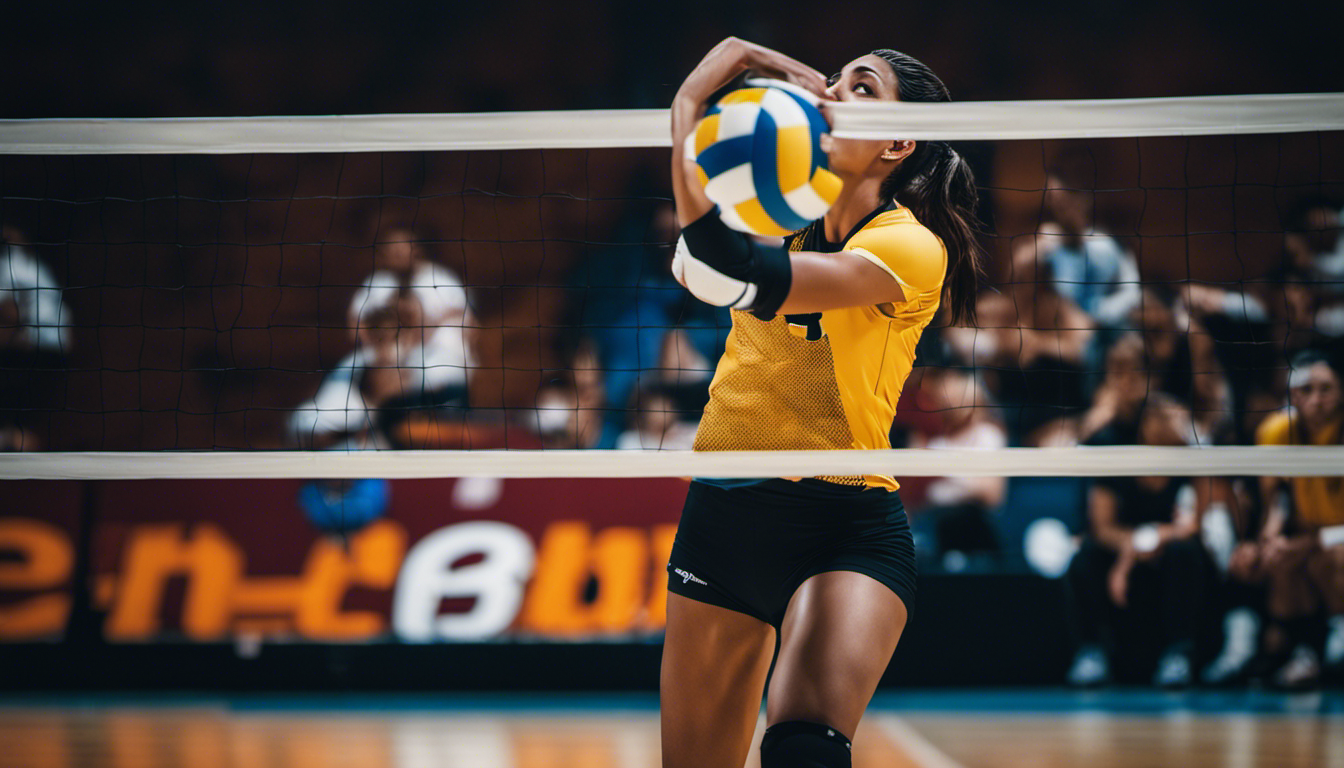 An image showcasing a volleyball player visualizing a successful serve, with focused eyes, calm demeanor, and a vivid background illustrating the power of mental training in volleyball