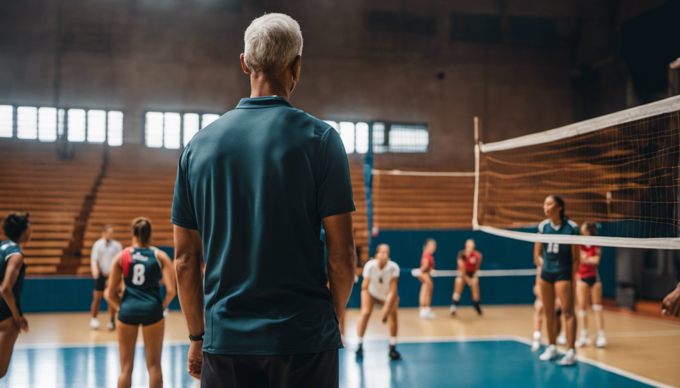 An image of a volleyball court with a coach standing at the net, guiding players through proper technique