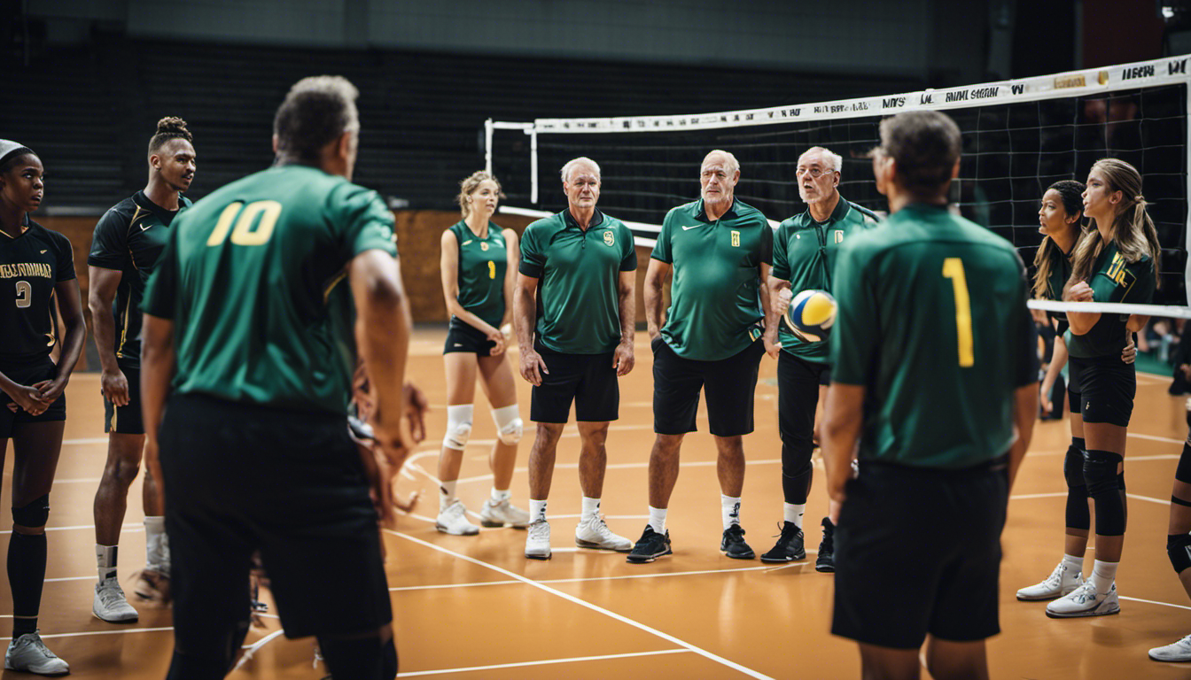 An image showcasing a group of renowned volleyball coaches gathered around a court, intently observing players in action