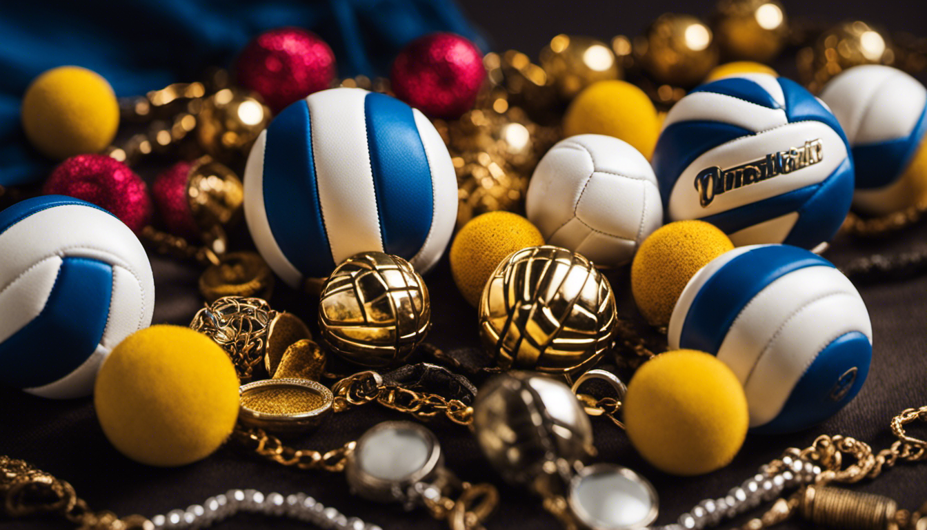 An image showcasing an array of volleyball-themed clothing and jewelry