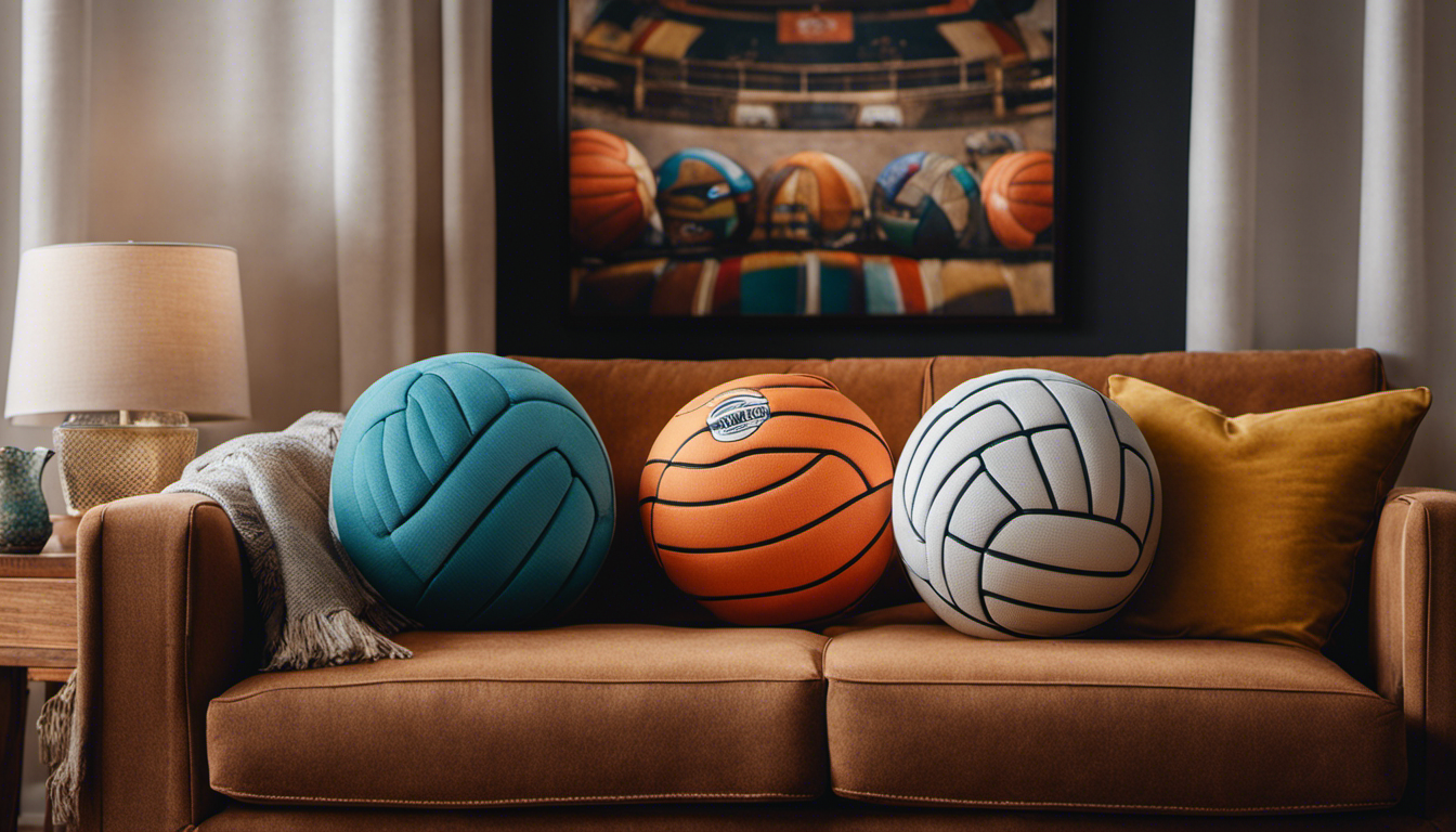 An image showcasing a cozy living room adorned with volleyball-inspired home decor: an embroidered volleyball pillow on a vibrant couch, a handmade lampshade featuring volleyball motifs, and a unique wall art displaying a collection of vintage volleyballs