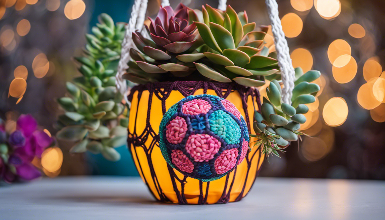 An image showcasing a vibrant, hand-painted volleyball transformed into a unique flower pot, adorned with colorful succulents