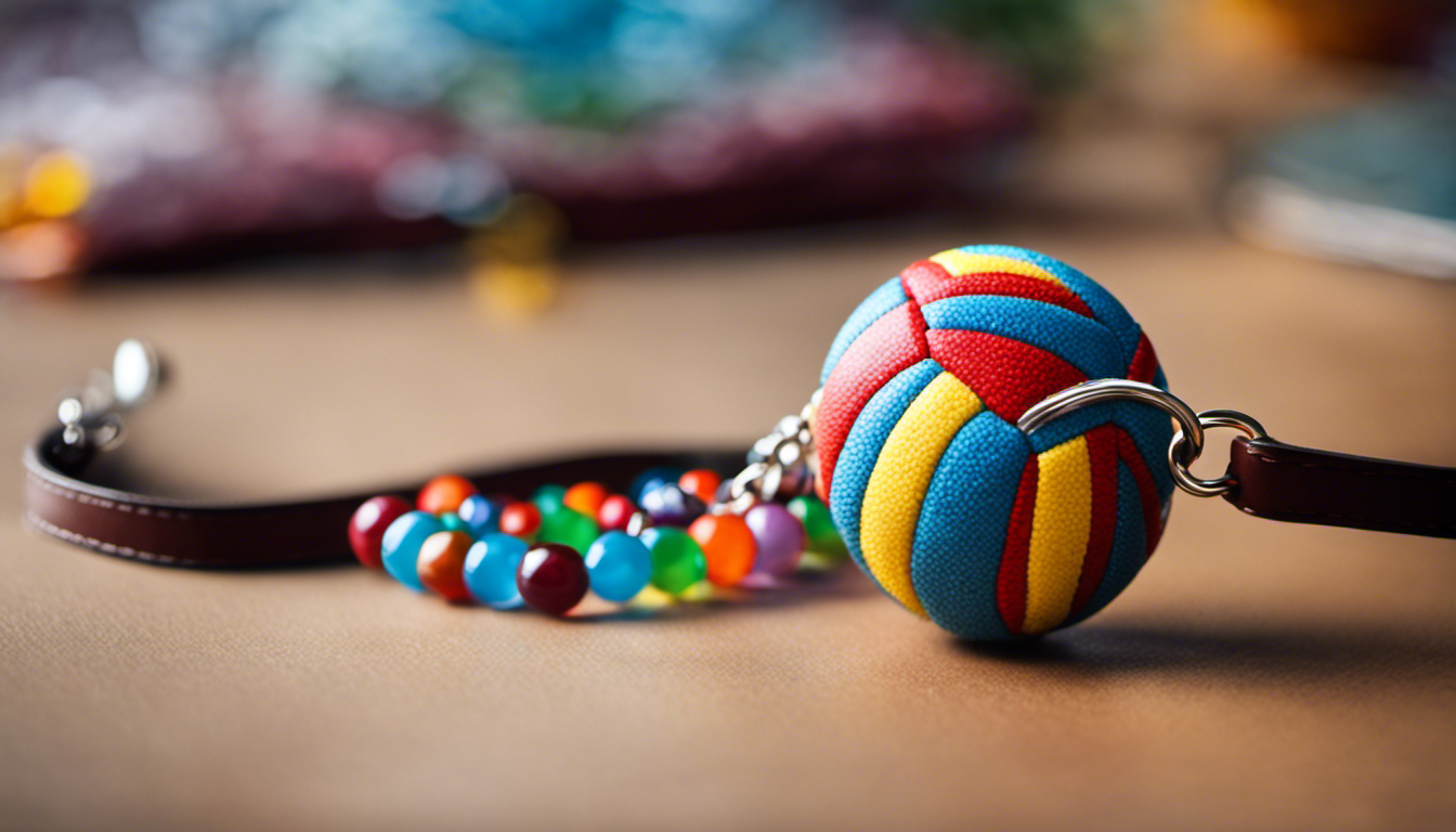 A vibrant image showcasing a handmade volleyball-shaped keychain, adorned with colorful beads and personalized initials, hanging from a sturdy leather strap