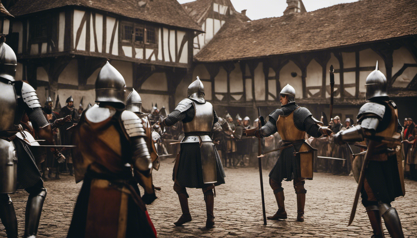 An image depicting a medieval European courtyard, bustling with armored knights engaging in a fierce jousting tournament