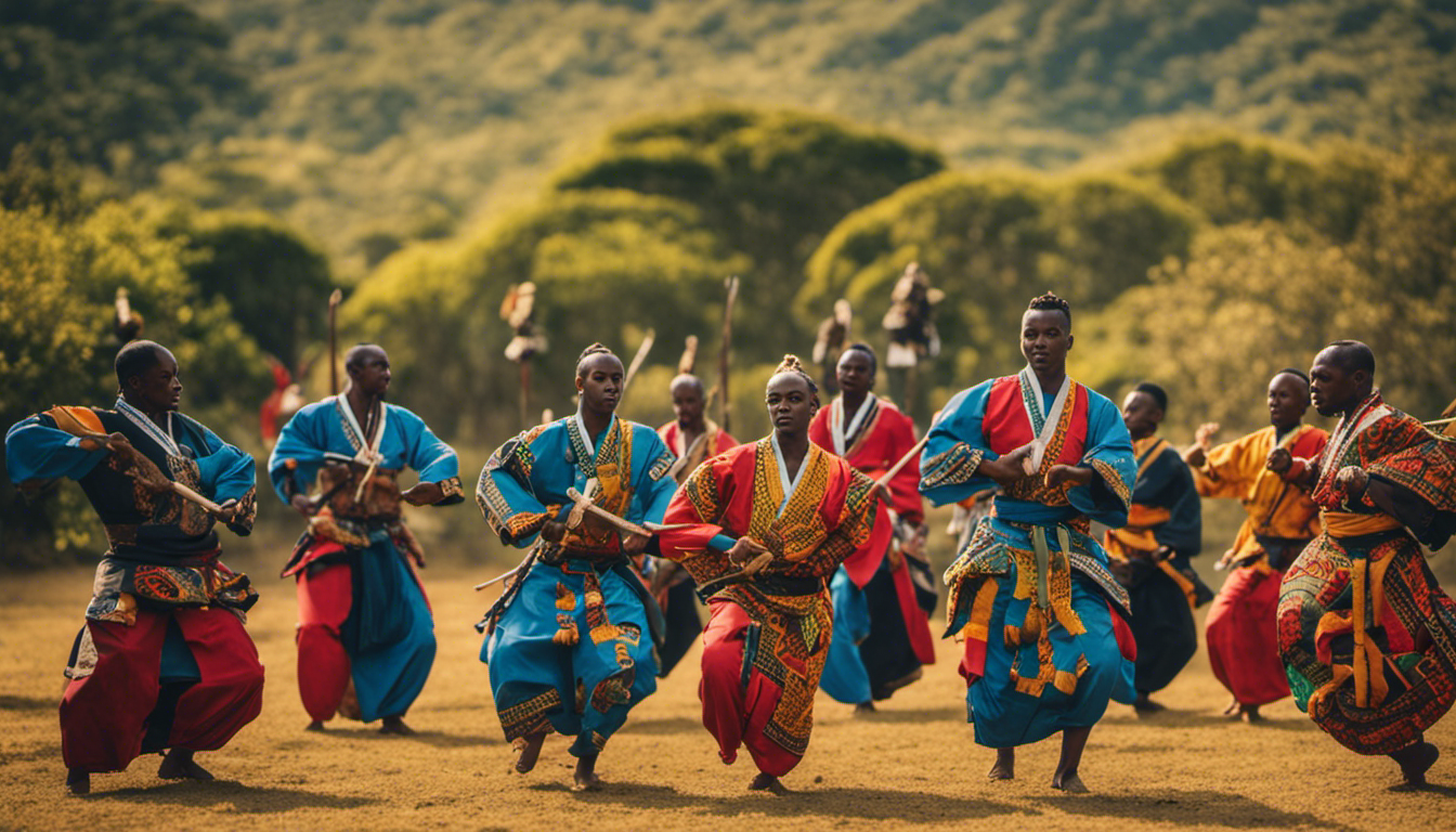 An image capturing the vibrant essence of African martial arts, with a group of warriors clad in colorful traditional attire, gracefully performing intricate movements amidst a backdrop of lush landscapes and tribal symbols