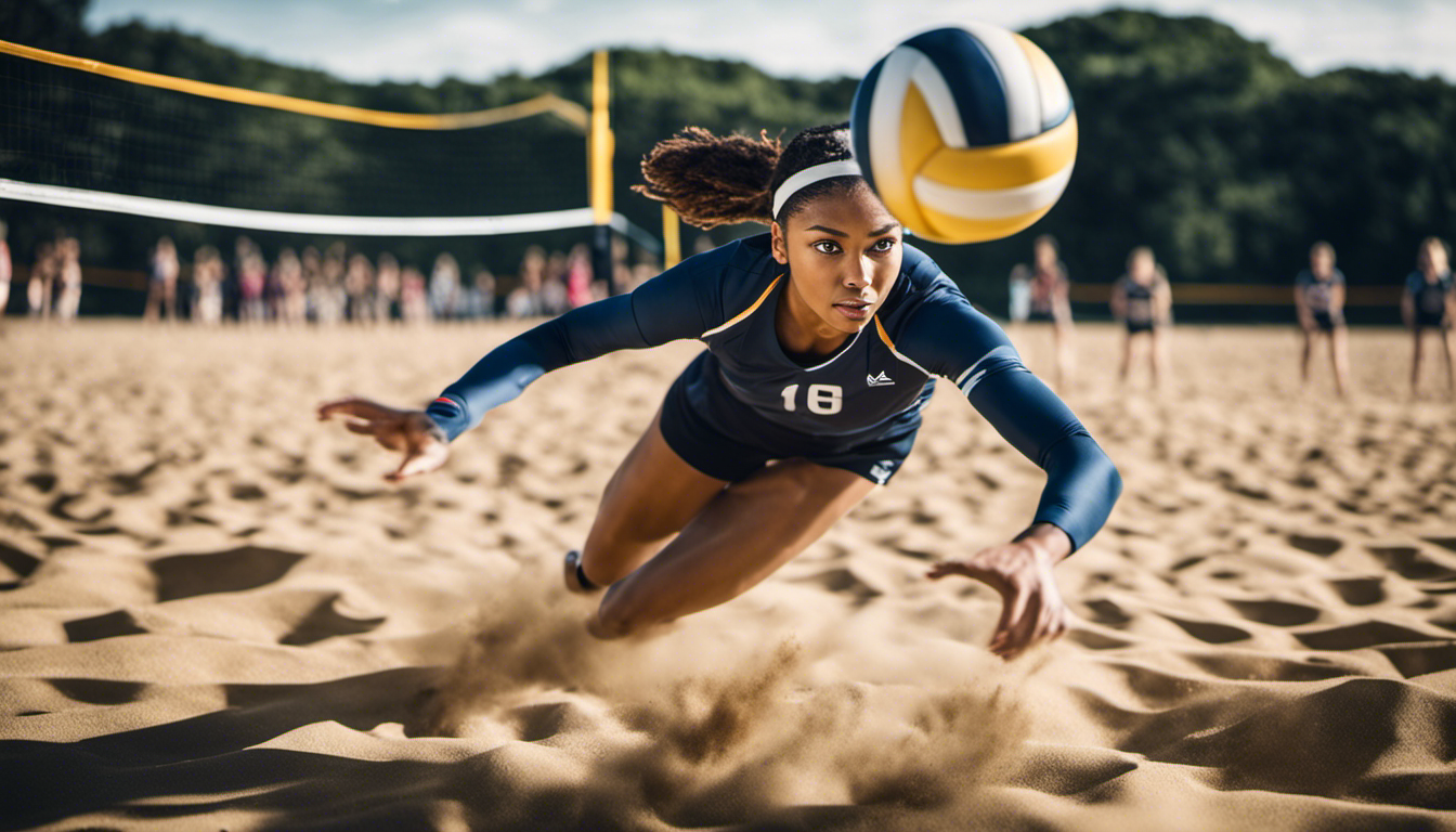 An image capturing a volleyball player's intense focus, as they swiftly dive towards the ground, arms extended, eyes locked on the ball, ready to dig