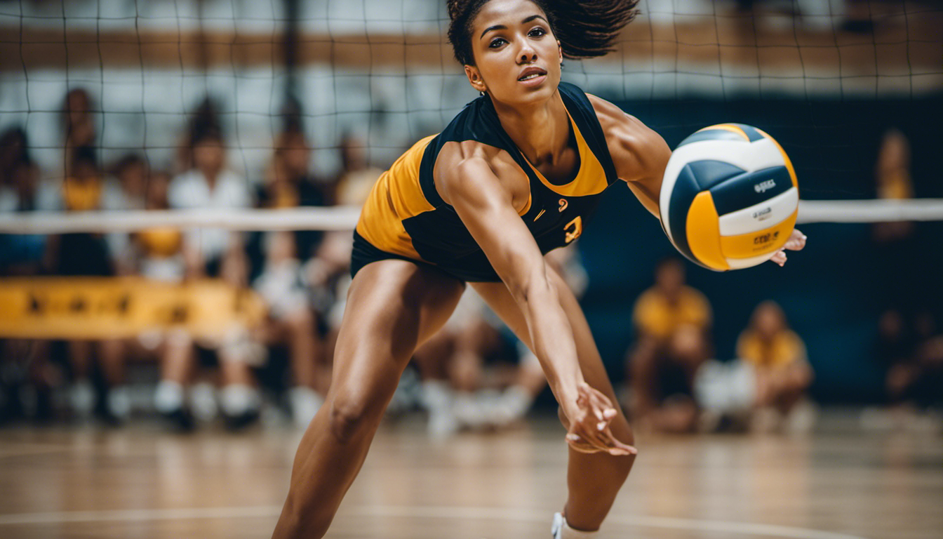 An image showcasing a volleyball player executing an advanced defensive drill, digging a powerful spike with precision and control