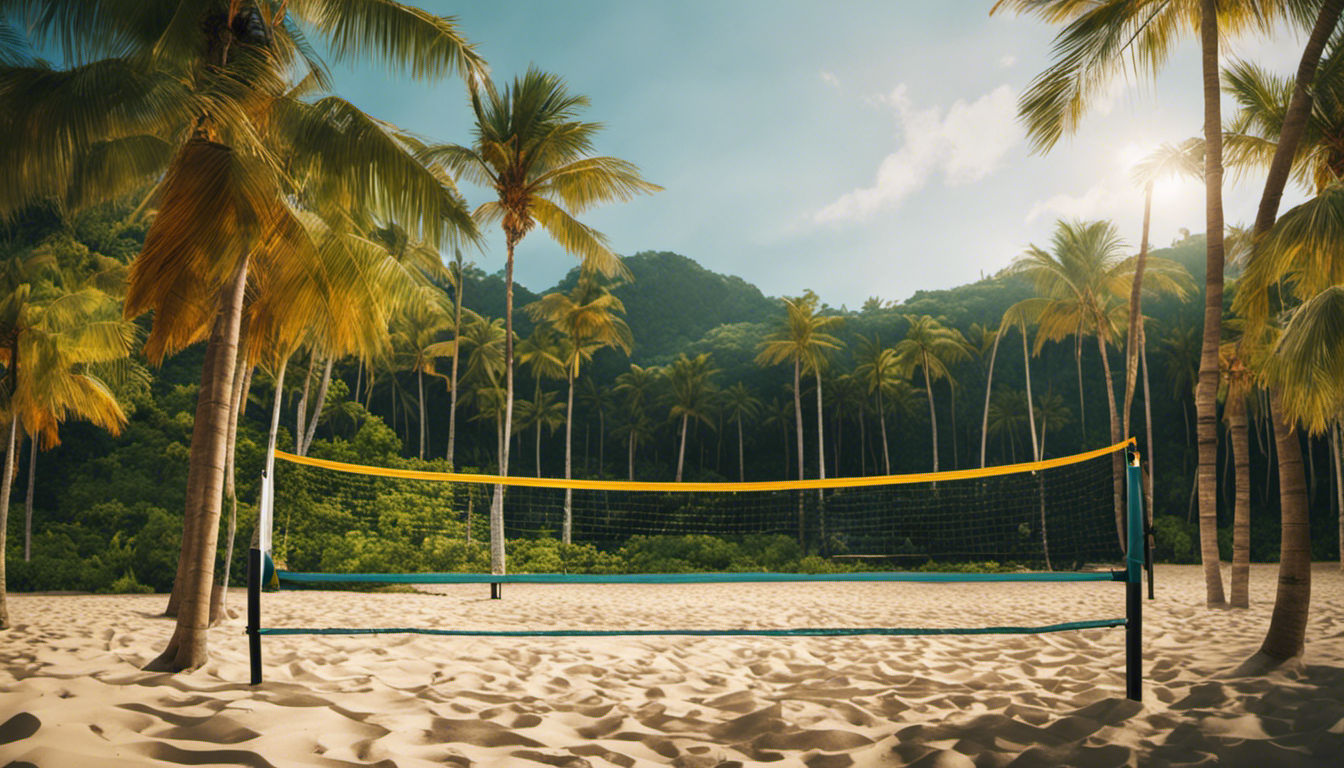 An image showcasing a serene beach volleyball court nestled within a lush coastal landscape