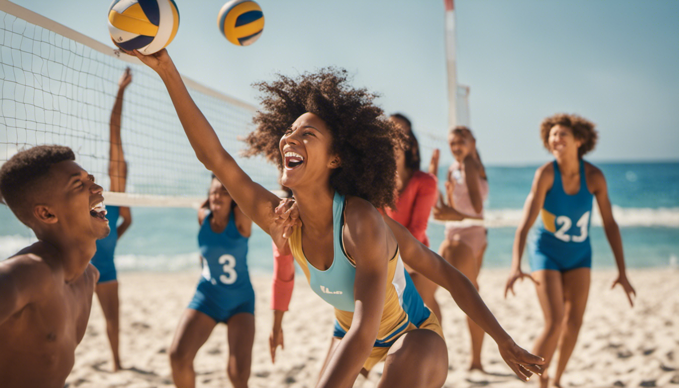 An image showcasing a diverse family engaged in a competitive volleyball match, laughing and cheering together