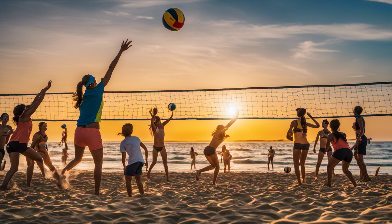an image showcasing a dynamic scene where players of all ages and sizes are engaged in a lively game of beach volleyball, with a colorful net, foam balls, and inflatable obstacles enhancing the excitement and fun