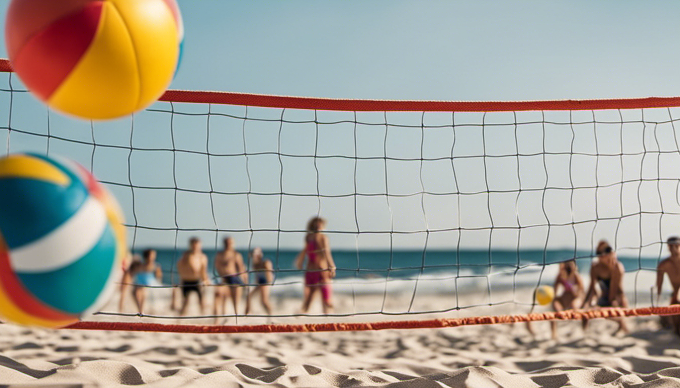 An image featuring a sandy beach, with a large volleyball net stretched across it