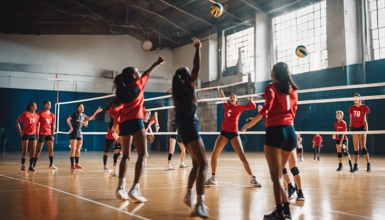 An image showcasing a diverse group of family members engaged in a thrilling volleyball match, exhibiting varying skill levels, from beginners to advanced players, displaying intensity, teamwork, and friendly competition