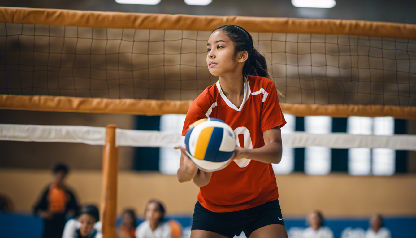 An image showcasing a young volleyball player confidently demonstrating their skills during tryouts