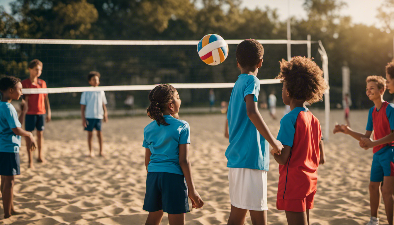 An image showcasing a diverse group of children playing volleyball together, representing different skill levels and commitment levels