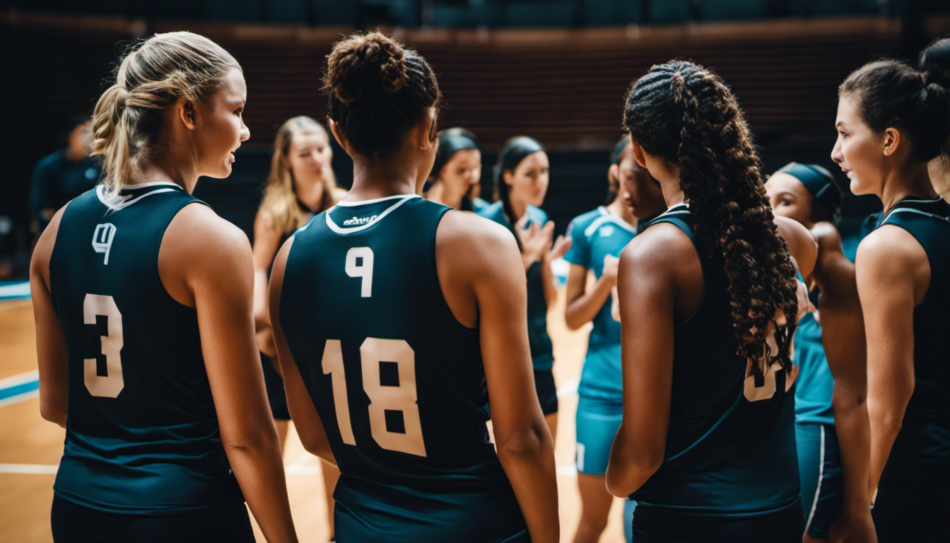 An image of a diverse group of young volleyball players gathered in a huddle, surrounded by their coach who is passionately giving them instructions, showcasing the essence of team chemistry and coaching