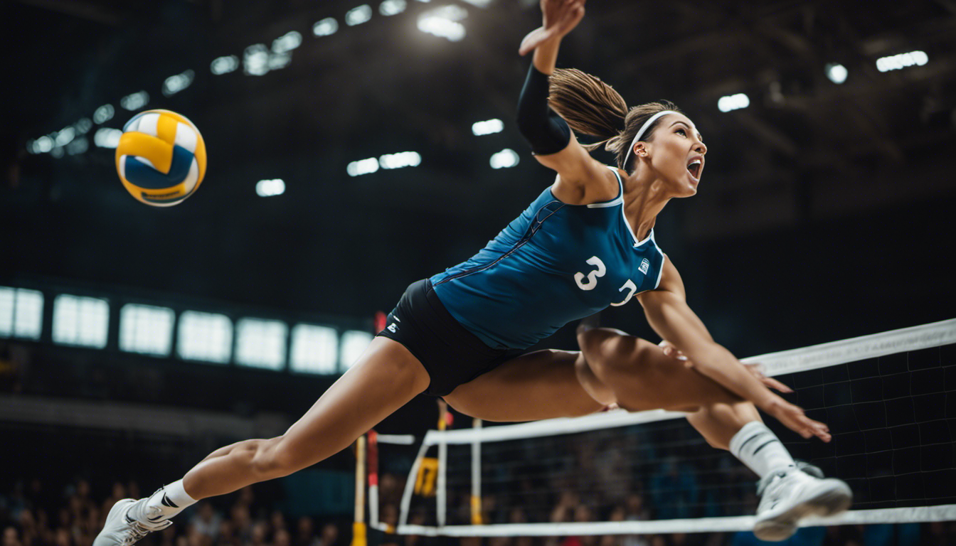 An image capturing the intense moment of a volleyball player mid-jump, arms extended high, ready to spike the ball with power and precision, showcasing the vital role jumping plays in dominating the game