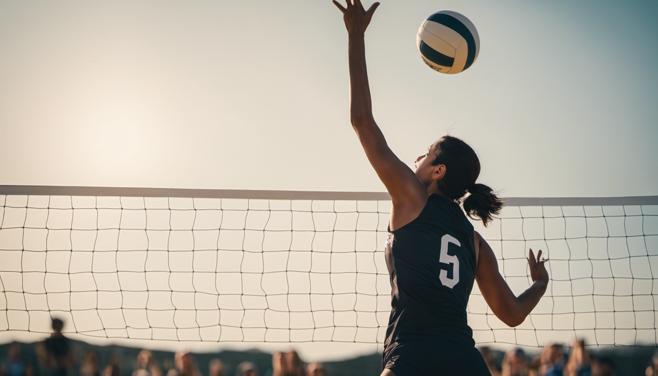 An image showcasing a volleyball player executing a perfect dig, with arms extended high above their head, body low and balanced, eyes focused on the incoming ball, ready to make a precise defensive move