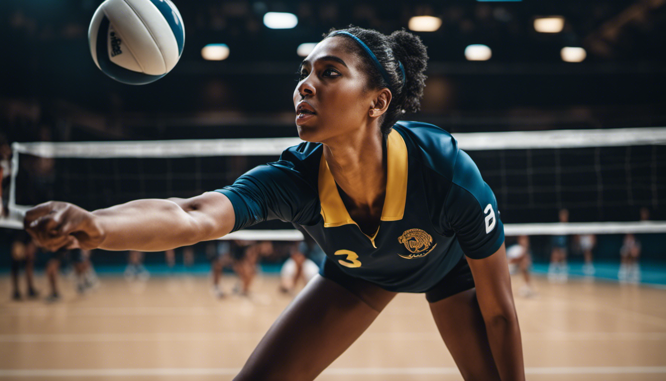 An image showcasing a volleyball player executing a precise two-handed set, with extended arms forming a perfect triangle, hands positioned above forehead, and eyes focused on the ball's trajectory