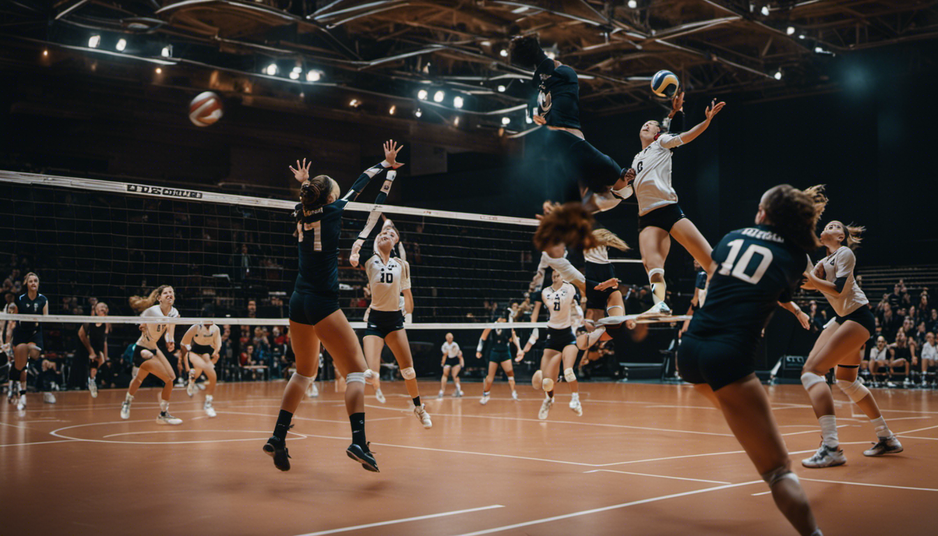 An image showcasing a perfectly executed "quick set" play with the setter delivering a precise set, the hitter leaping high for a powerful spike, and the opposing blockers caught off guard