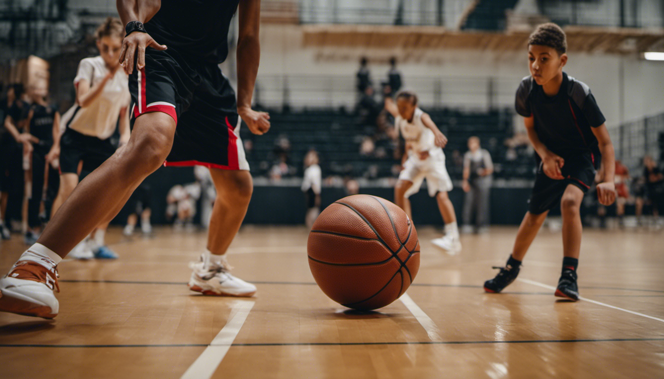 An image showcasing a young player effortlessly dribbling a basketball through a challenging obstacle course, with the coach observing in the background, capturing the intensity and determination required to excel in tryout drills
