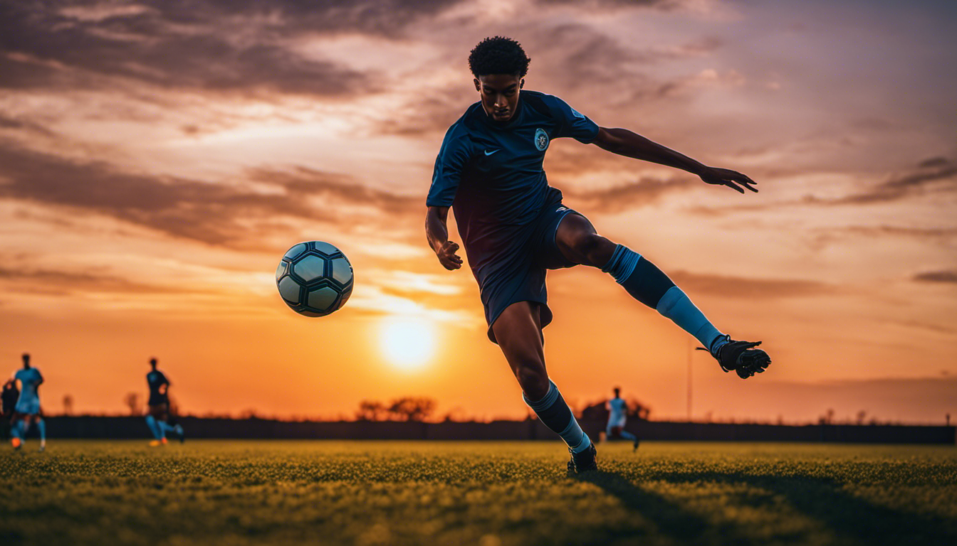 An image capturing a soccer player's silhouette against a vibrant sunset sky, effortlessly receiving the ball with precision and grace, showcasing the key techniques to improve ball reception