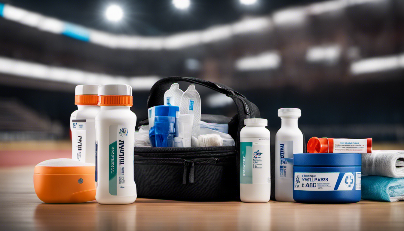 An image showcasing a well-stocked first aid kit specifically designed for volleyball players, containing essentials like bandages, ice packs, antiseptic wipes, and splint materials, ensuring their safety during emergencies