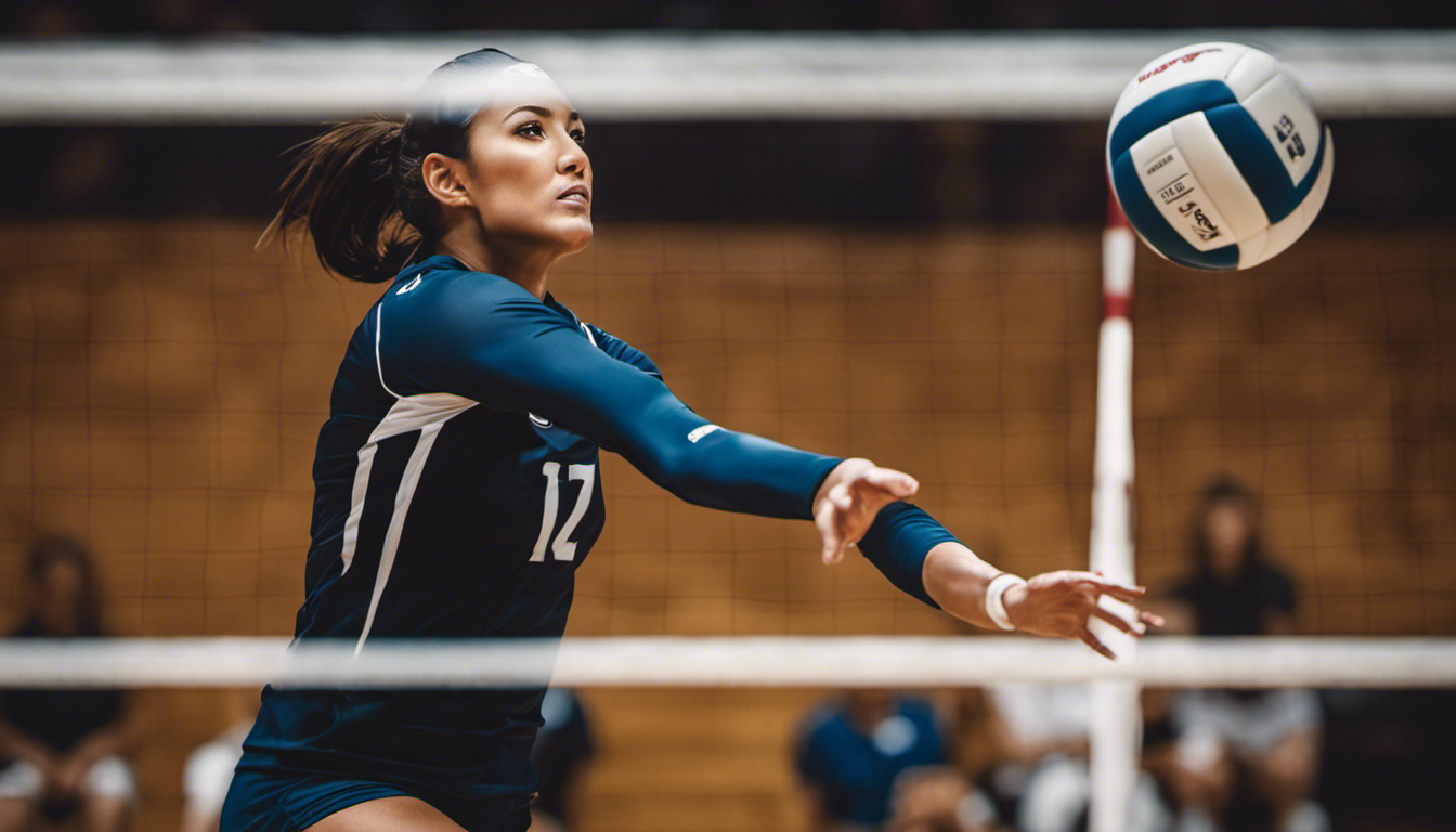 An image that showcases a volleyball player serving with precision, capturing the exact moment the ball connects with their hand