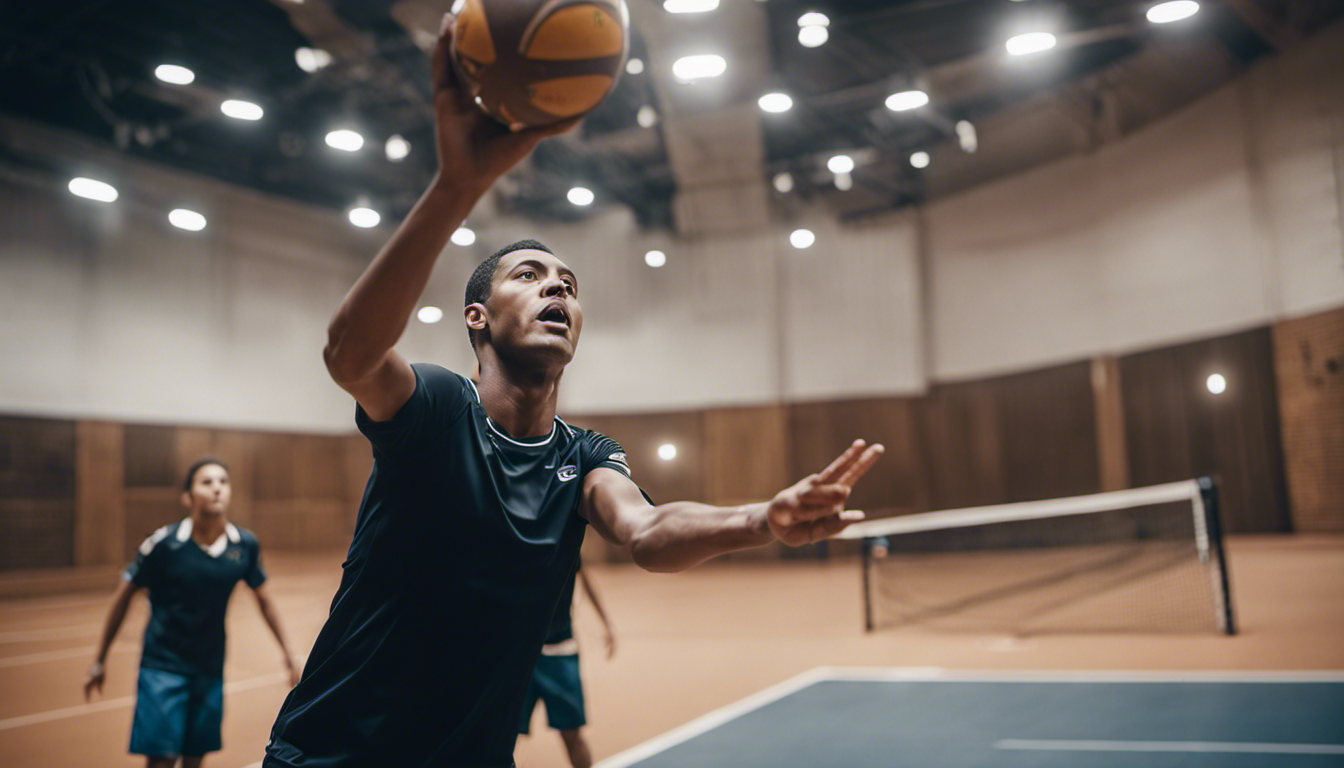 An image capturing the essence of advanced serving techniques: a player executing a powerful spin serve, skillfully placing the ball towards the corner of the court, with a dynamic motion frozen in mid-air