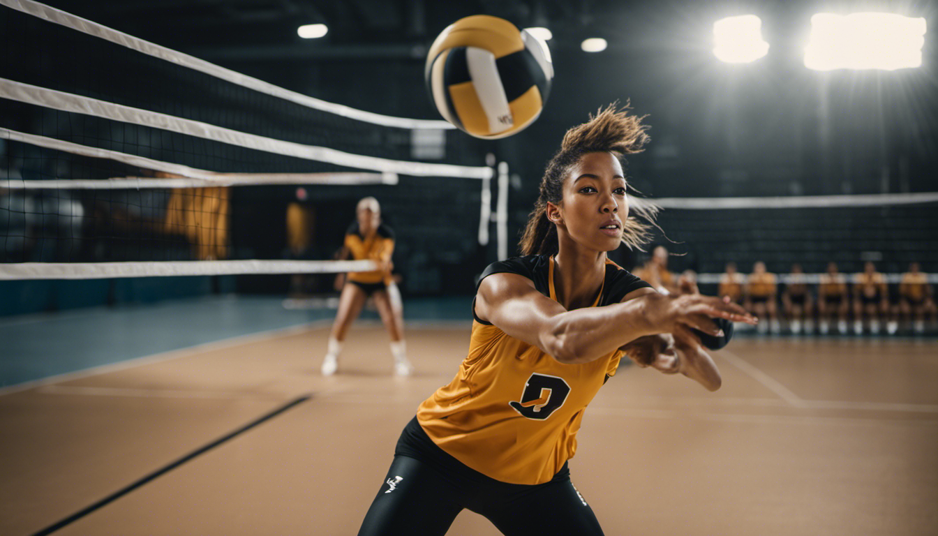 An image capturing the precise moment of a volleyball player executing a sidearm serve