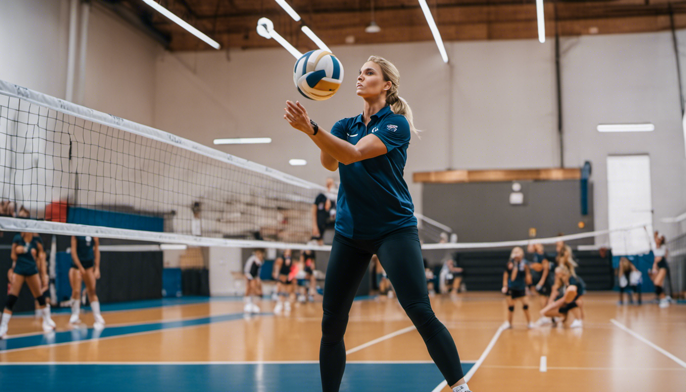 An image of a coach demonstrating proper serving technique to beginner volleyball players, highlighting the stance, arm swing, and follow-through