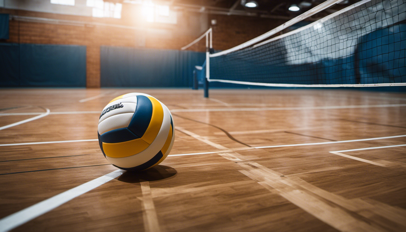 An image that showcases a volleyball court with detailed markings, including the net, boundary lines, attack lines, and centerline