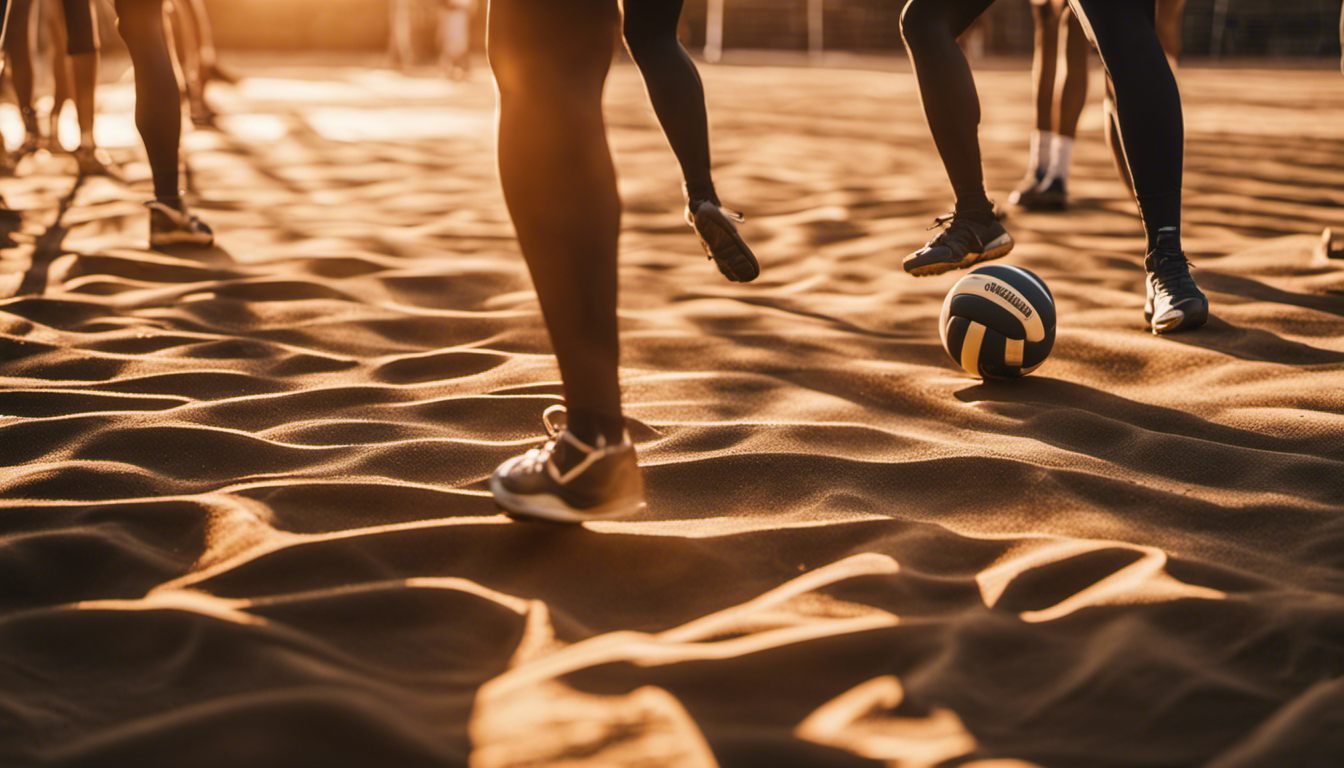 An image of a volleyball court bathed in warm sunlight, showcasing players engaged in dynamic warm-up exercises