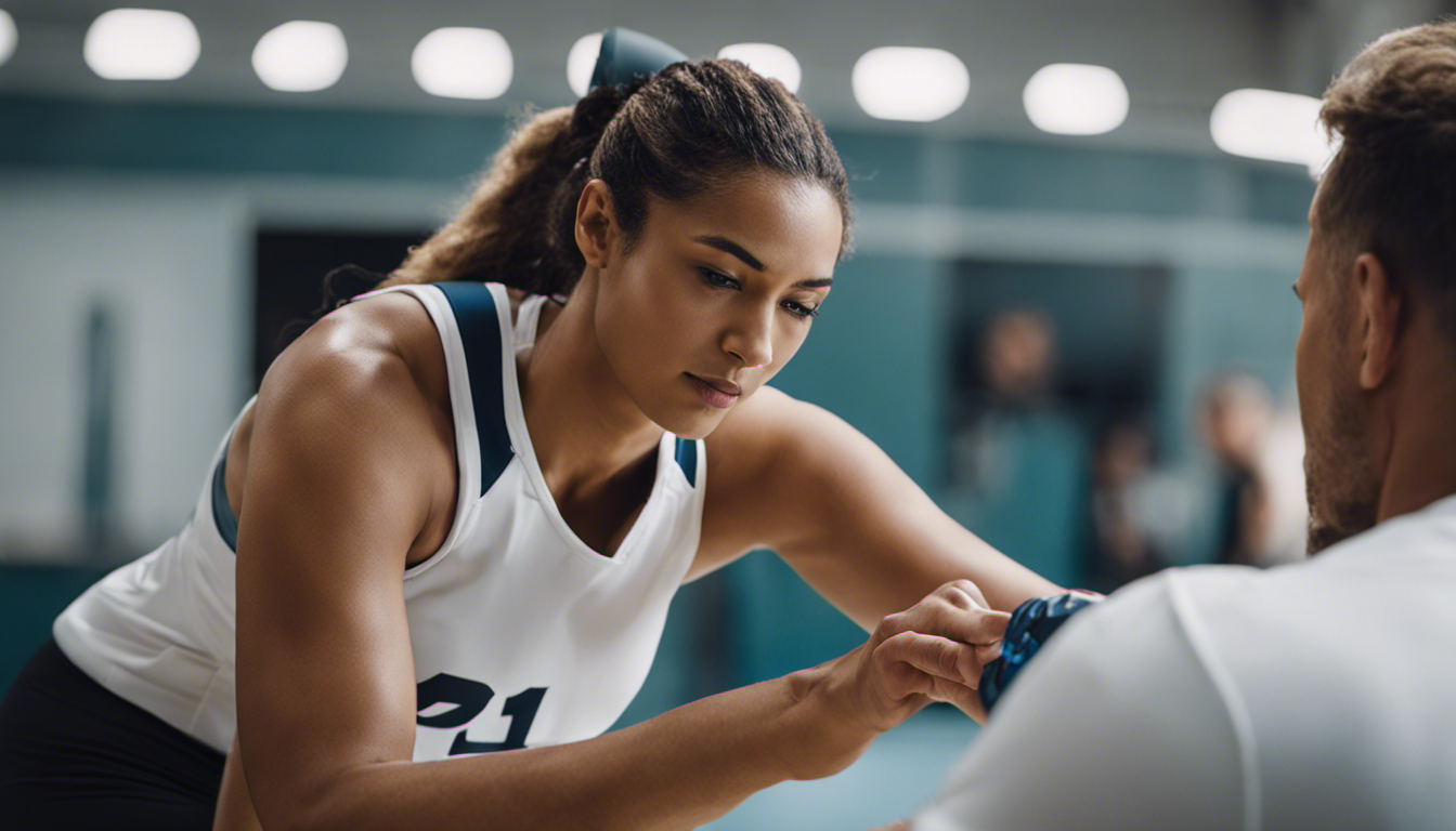 An image showcasing a volleyball player receiving physical therapy, with a trained therapist applying ice to the player's injured shoulder