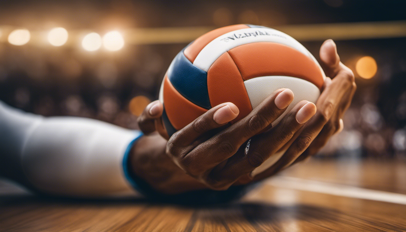 An image showcasing a player diving to save a ball, with a close-up view of their outstretched arm and the strain on their wrist, emphasizing the risk of wrist sprains and injuries in volleyball