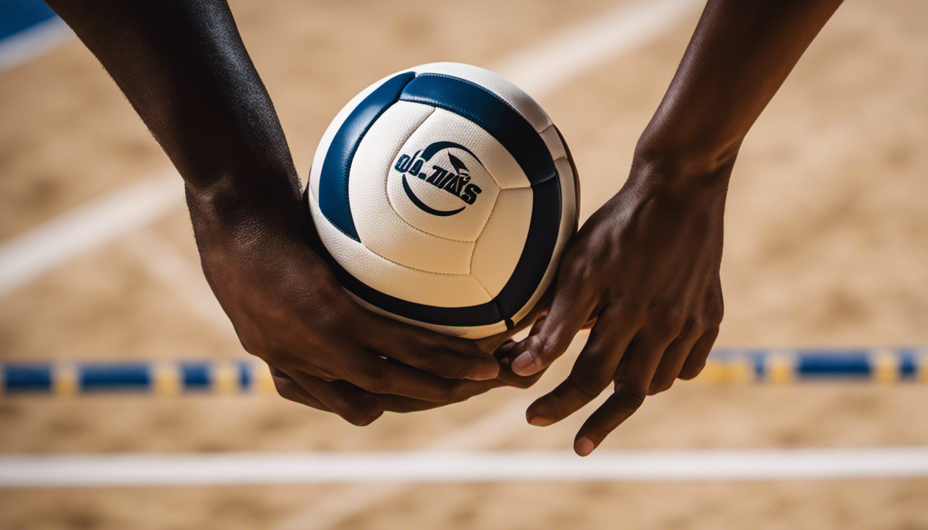 An image capturing a close-up of two players' hands overlapping in mid-air during a volleyball match, emphasizing their synchronized movements and intense focus, showcasing the bond of trust and chemistry essential for winning