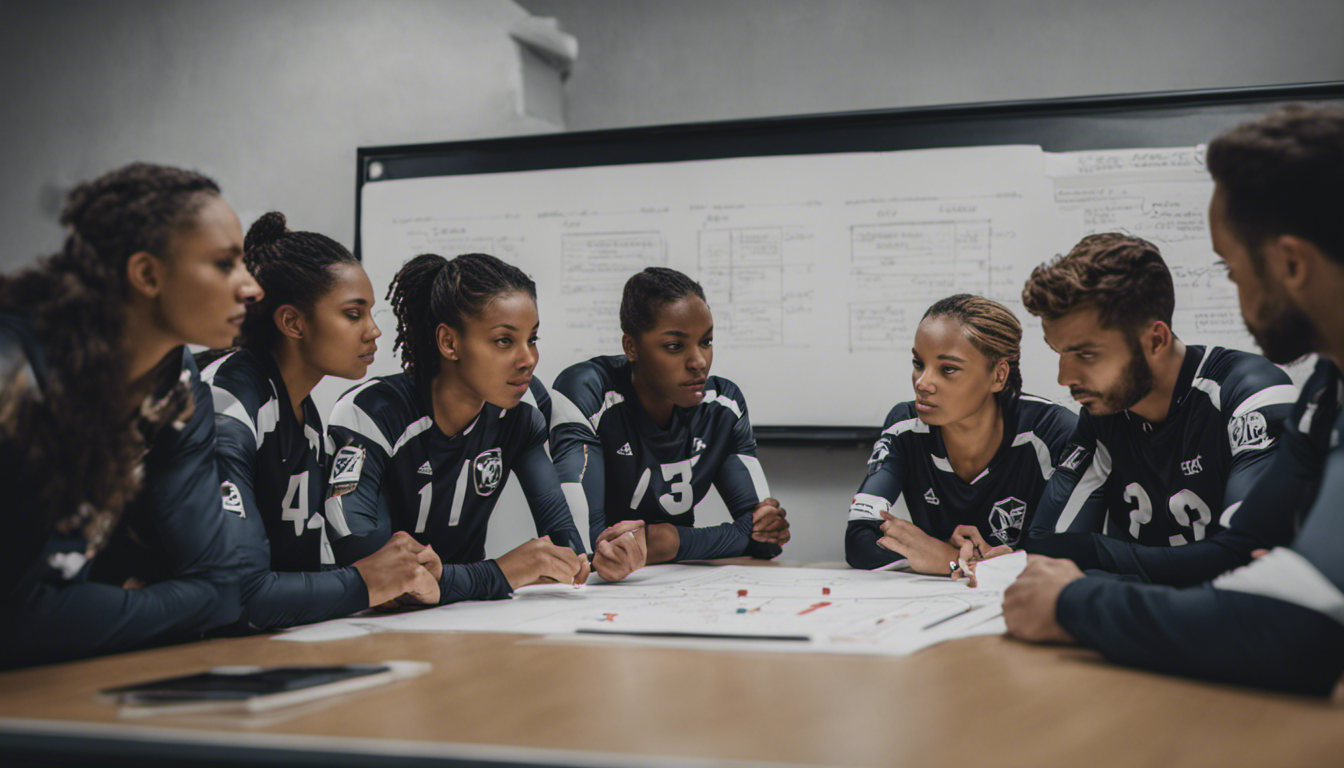 An image depicting a volleyball team huddled together, intensely studying a whiteboard covered in diagrams and statistics, symbolizing their dedication to analyzing and adapting to opponents