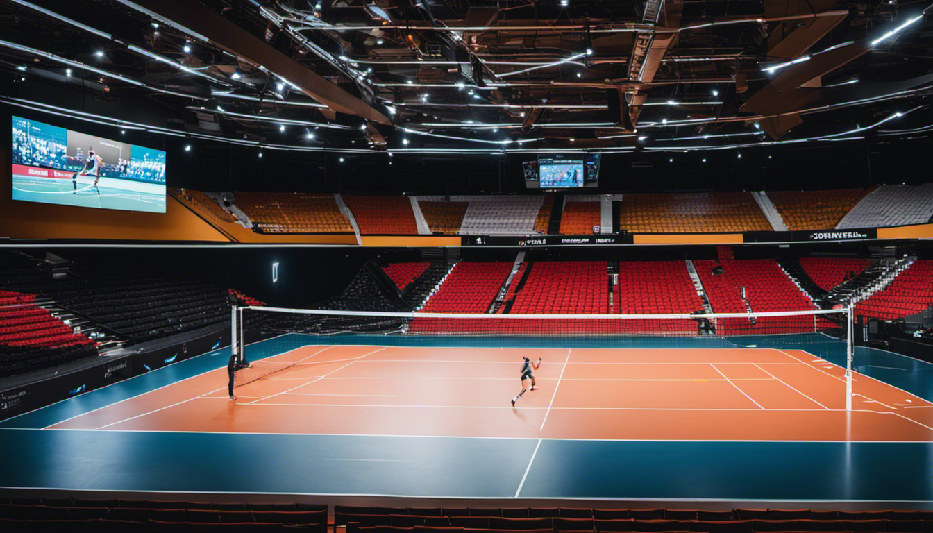 An image showcasing a high-tech volleyball court with digital scoreboards, advanced tracking systems, and real-time data analytics