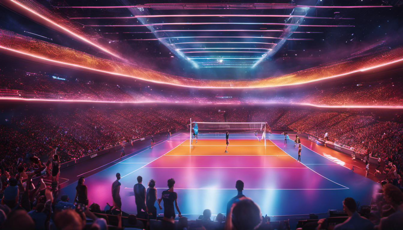 An image showcasing a futuristic volleyball arena, filled with holographic spectators, advanced technology, and vibrant colors, symbolizing the innovative and exhilarating future of volleyball tournaments and leagues
