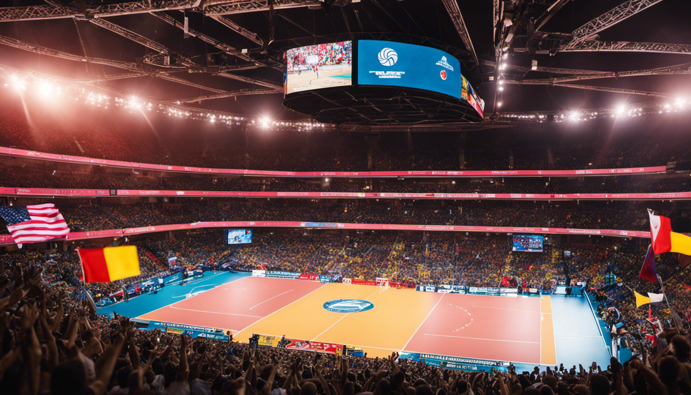 An image showcasing a packed stadium with a vibrant atmosphere, filled with enthusiastic fans waving flags from different countries, as top-tier international volleyball teams battle it out on the court, representing the global growth of volleyball leagues