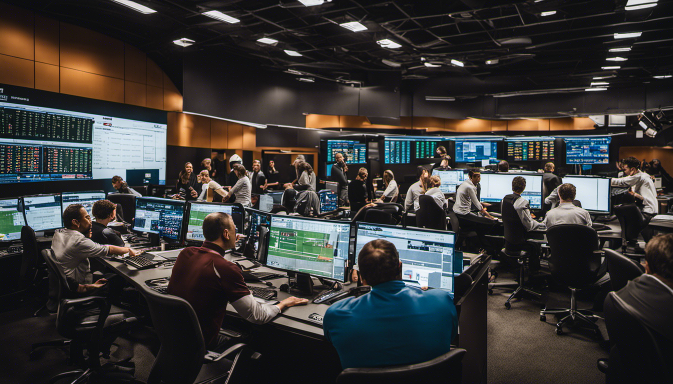An image capturing the energy and chaos of a bustling tournament control room