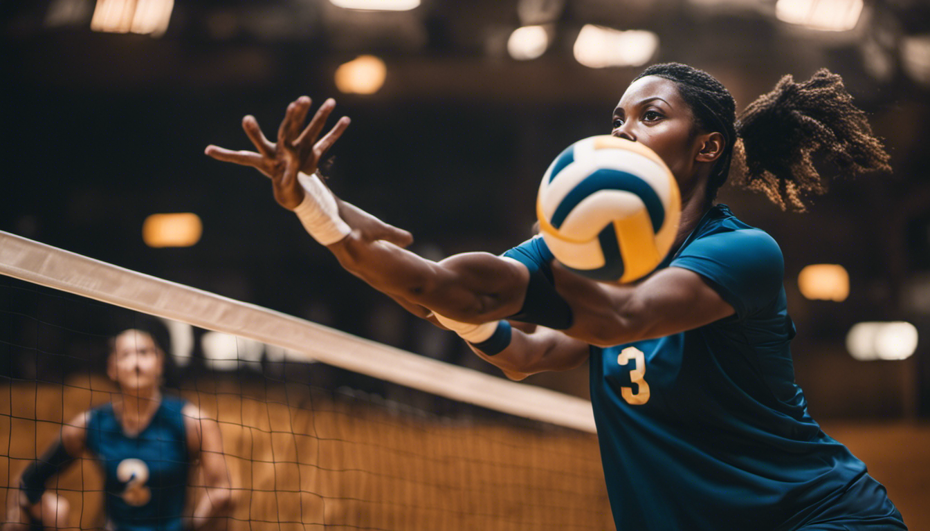 An image capturing the intense moment of a volleyball player mid-serve, depicting the intricate forces at play: a powerful arm swing, the rotation of the ball, and the net distorting under the impact