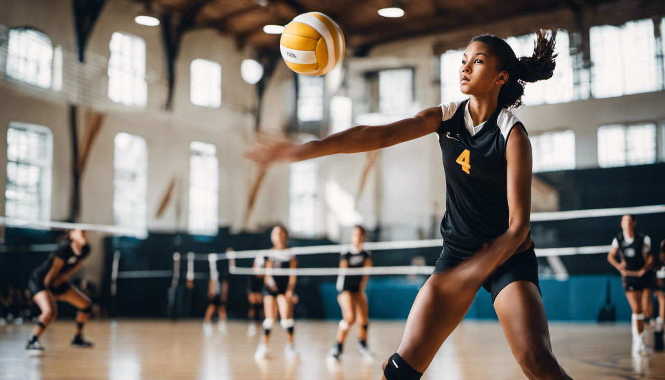 An image showcasing a young volleyball player executing a powerful hit during a training drill