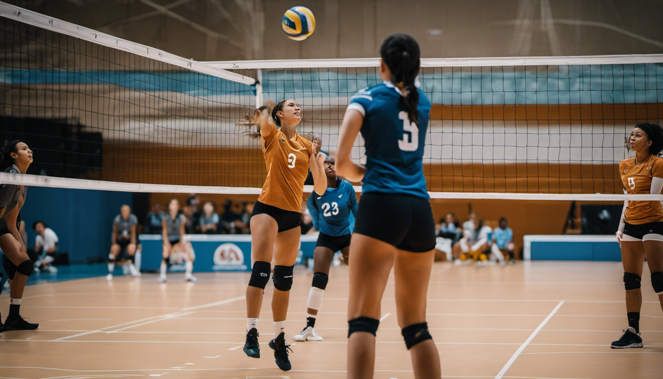 An image showcasing two volleyball players positioned at the net, their arms up and ready to block, while a coach observes from the sidelines, emphasizing the intensity and focus required in blocking drills