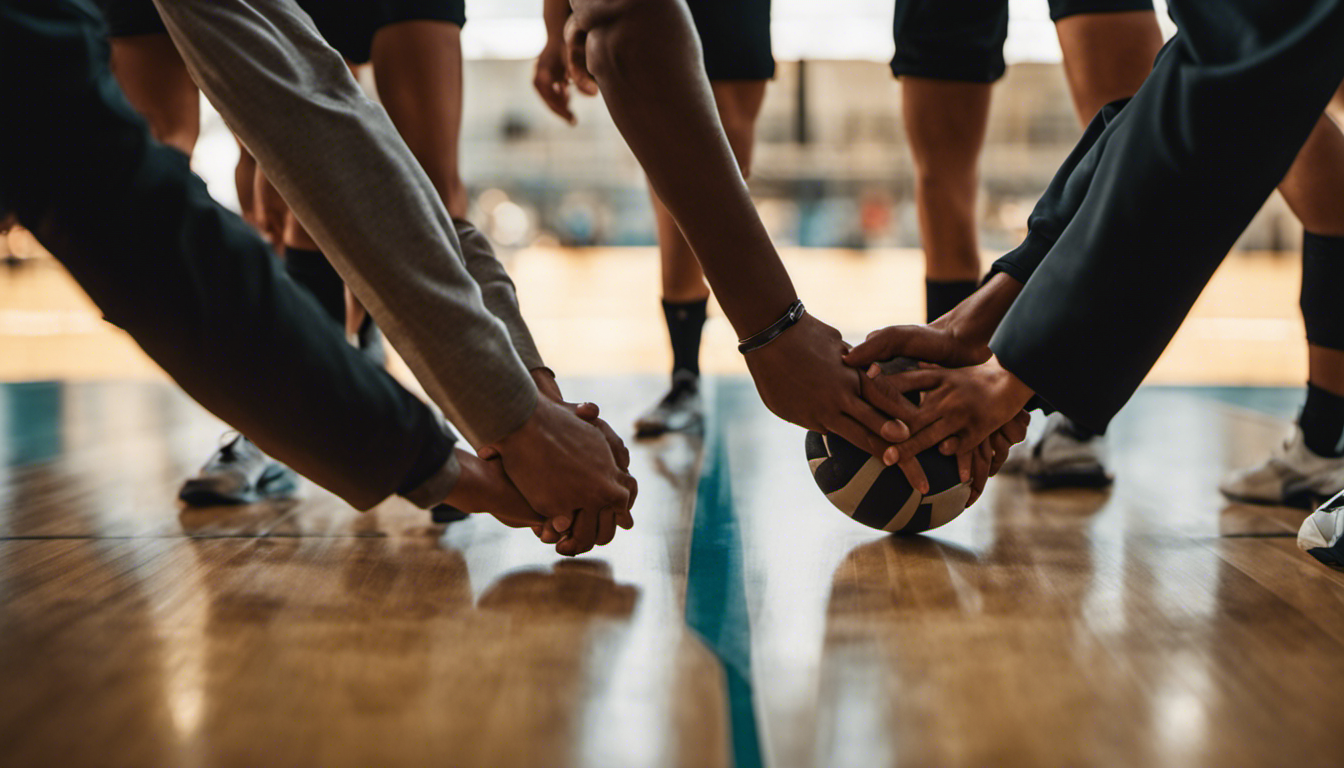 An image depicting a volleyball court with players forming a tight circle, facing each other, hands clasped together, displaying focused expressions, while engaged in Drill #4: Communication Circle