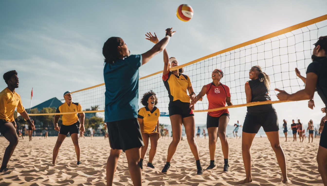 An image showcasing a diverse group of individuals playing volleyball together, capturing the joy and camaraderie during a game as people of different abilities and ages come together in a spirited match